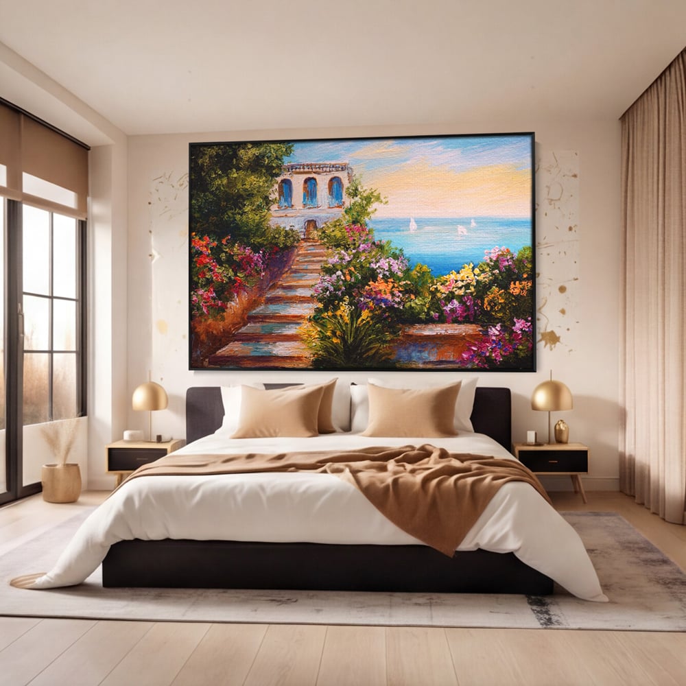 Tablou canvas cu pictura cu scari florale spre mare, in rama de aluminiu negru, pe perete intr-un dormitor